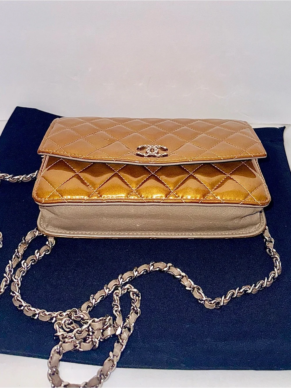 CHANEL Metallic champagne Patent Quilted WOC Silver Hardware RARE Color